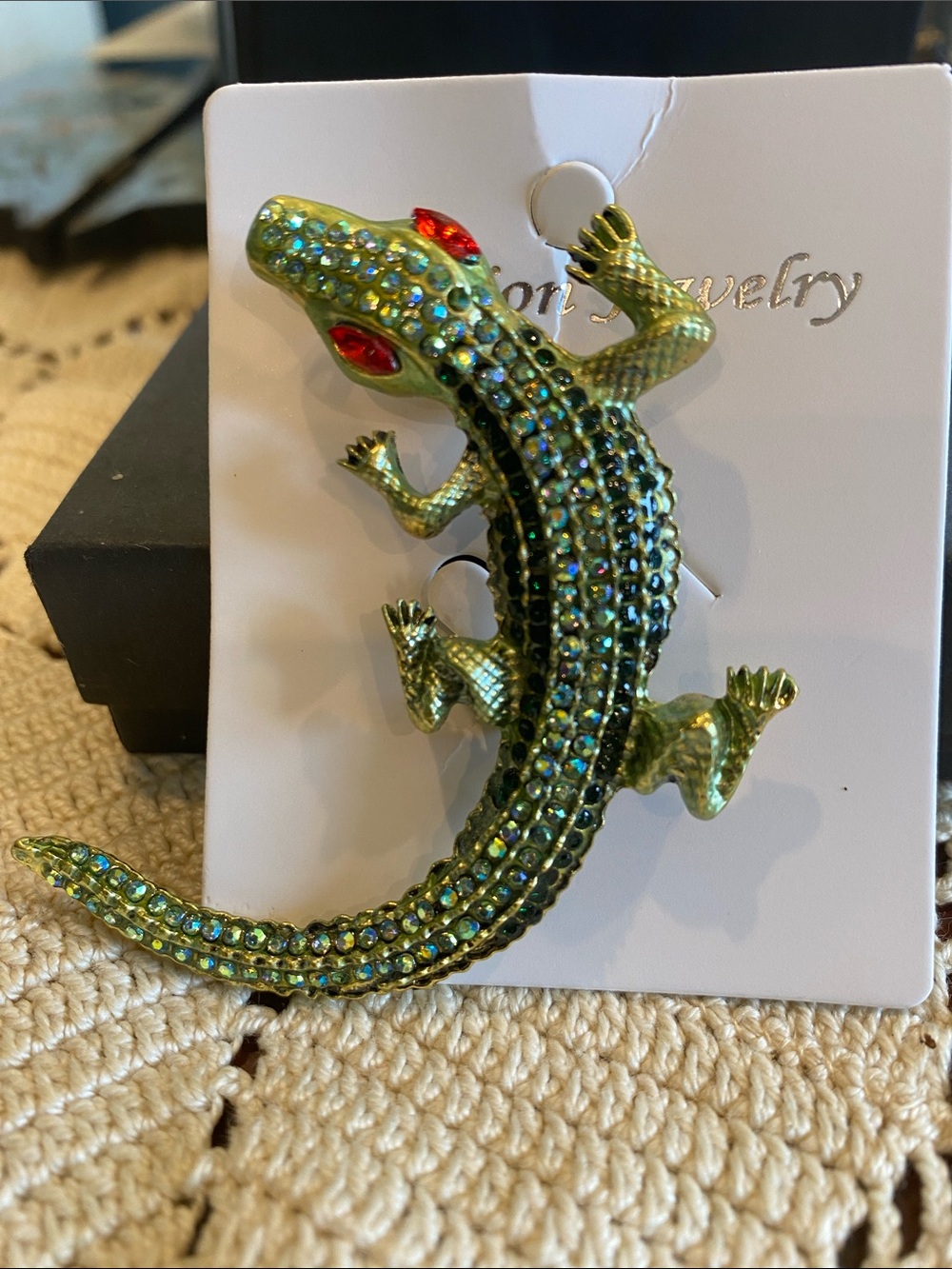 Source Unknown Green and Red Alligator Crocodile Rhinestone Brooch